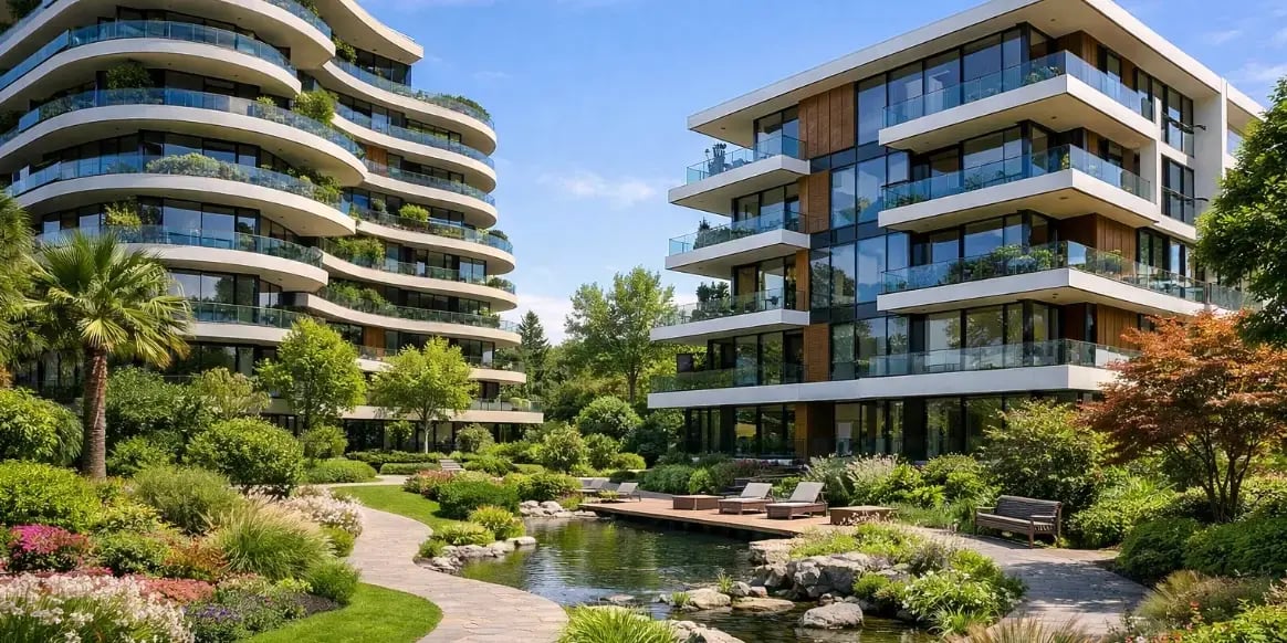 2 edicifios de arquitectura moderna con jardines y areas verdes