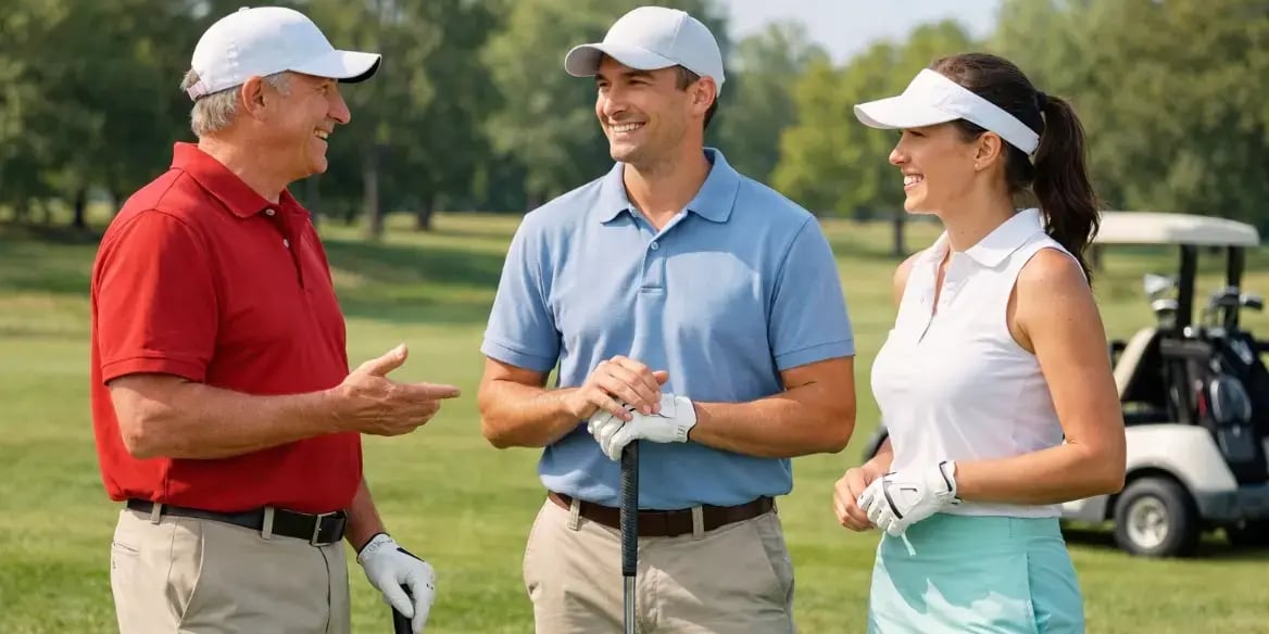 3 personas hablando en un campo de golf, al fondo se ve un carrito de golf