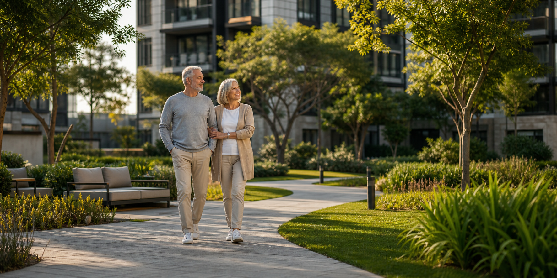 Adultos Mayores Caminando en Jardines Exclusivos