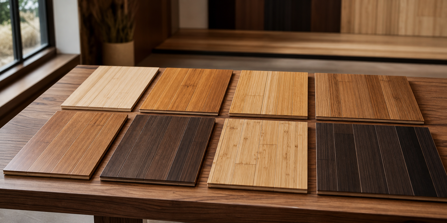 Muestrario elegante colocado sobre una mesa de diseño, mostrando diferentes tonos y colores de pisos de bambú: natural claro, miel, caramelo, nogal y tonos oscuros.