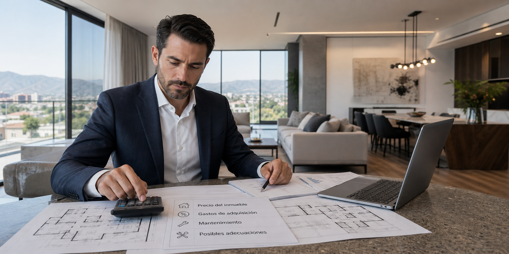 Un hombre de negocios analizando y calculando cuidadosamente todos los gastos que implica la compra de un departamento de lujo.
