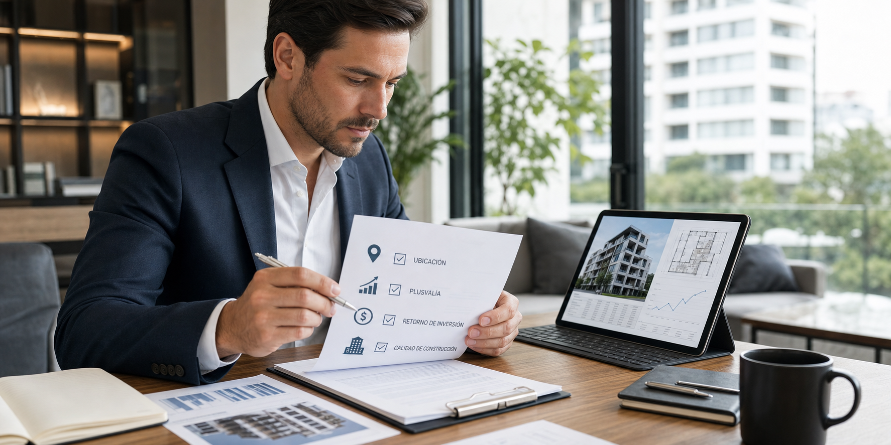 Businessman Evaluating Investment Property with Checklist