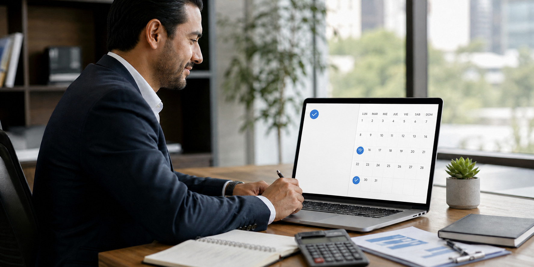 Hombre de negocios sentado frente a una computadora portátil, revisando un calendario financiero digital y marcando una fecha de pago quincenal.