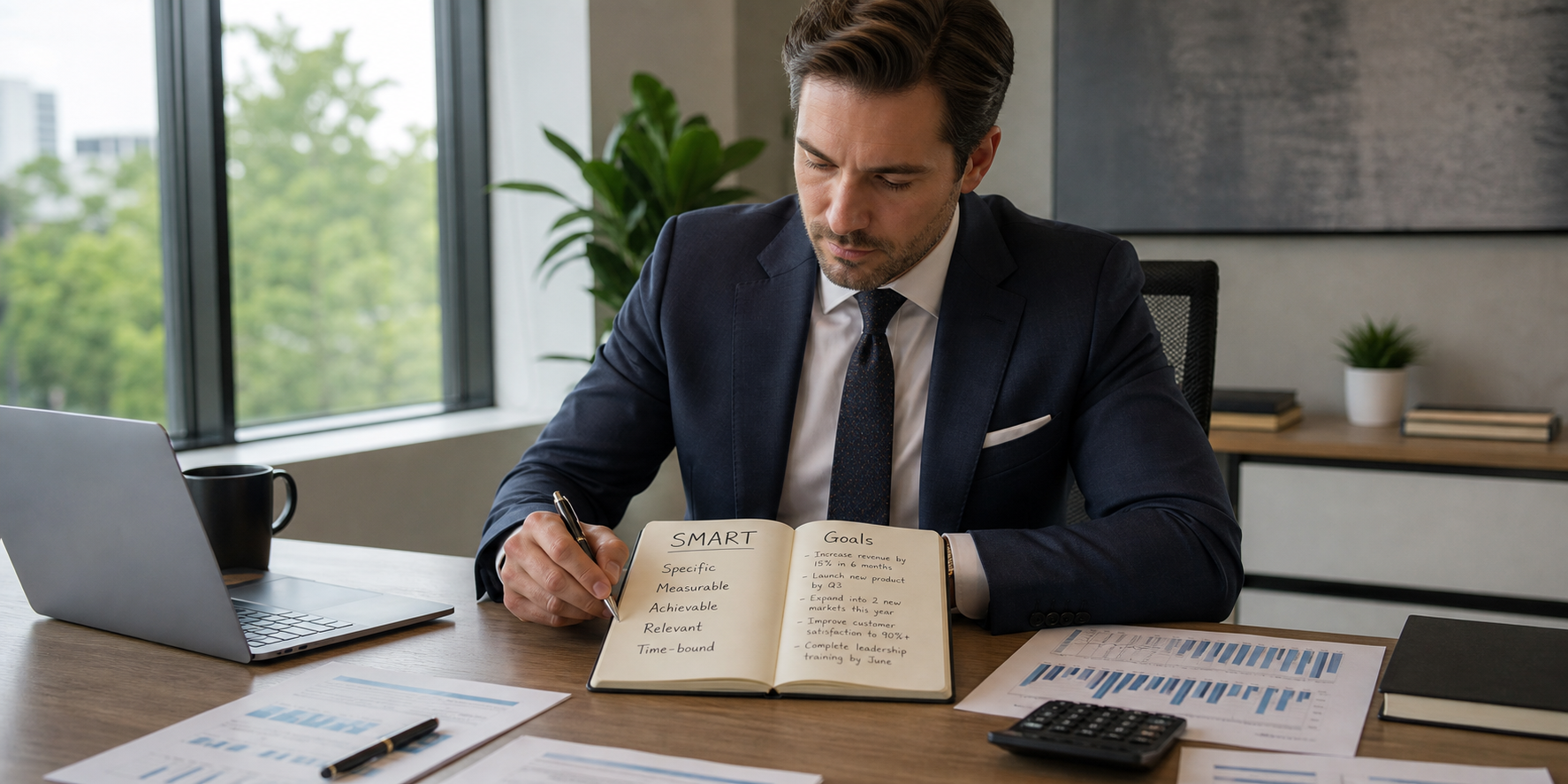 Hombre de negocios sentado en un escritorio moderno, escribiendo y revisando en una libreta sus objetivos SMART.
