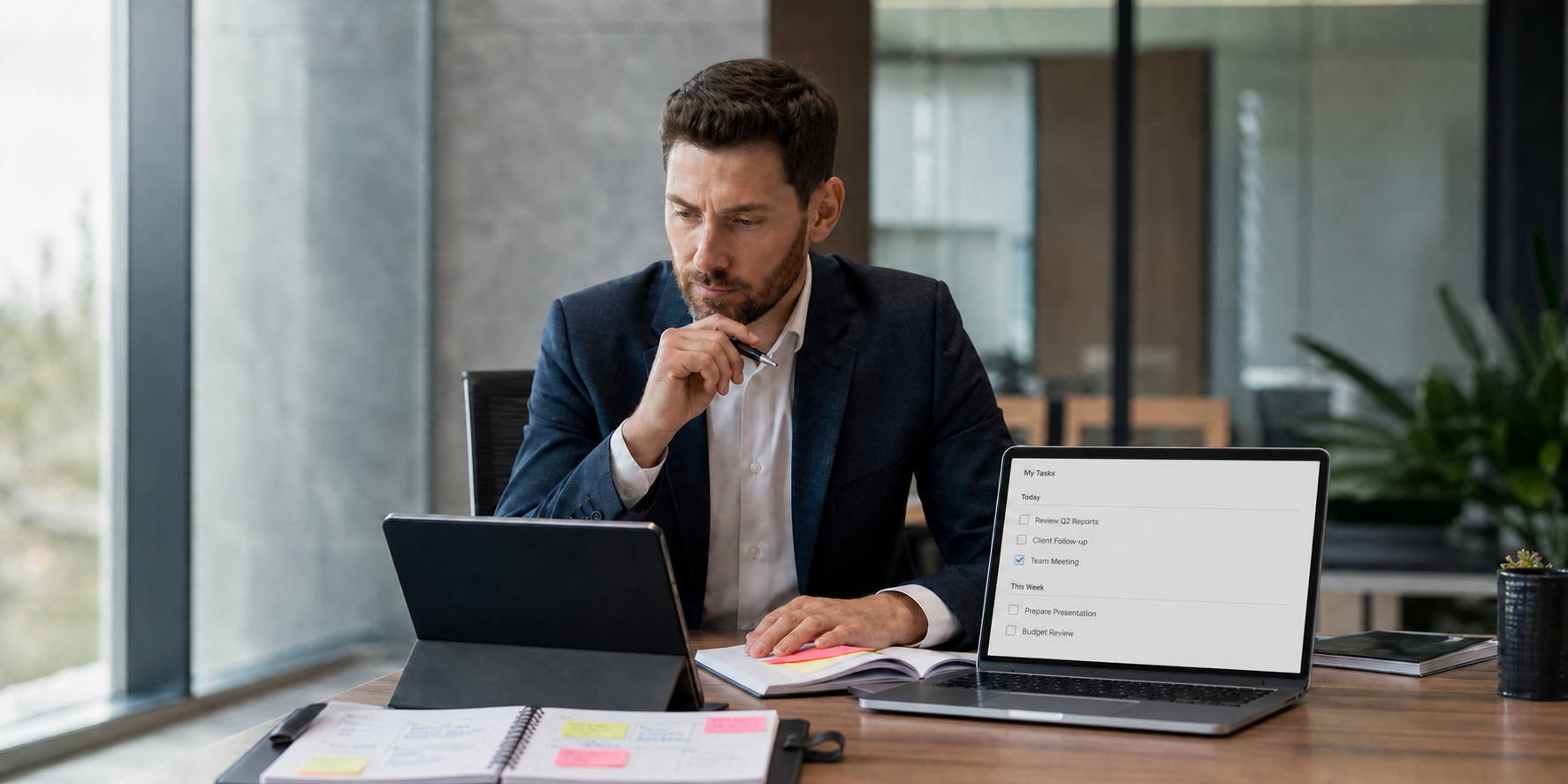 Businessman Organizing Work Priorities in Modern Office-1