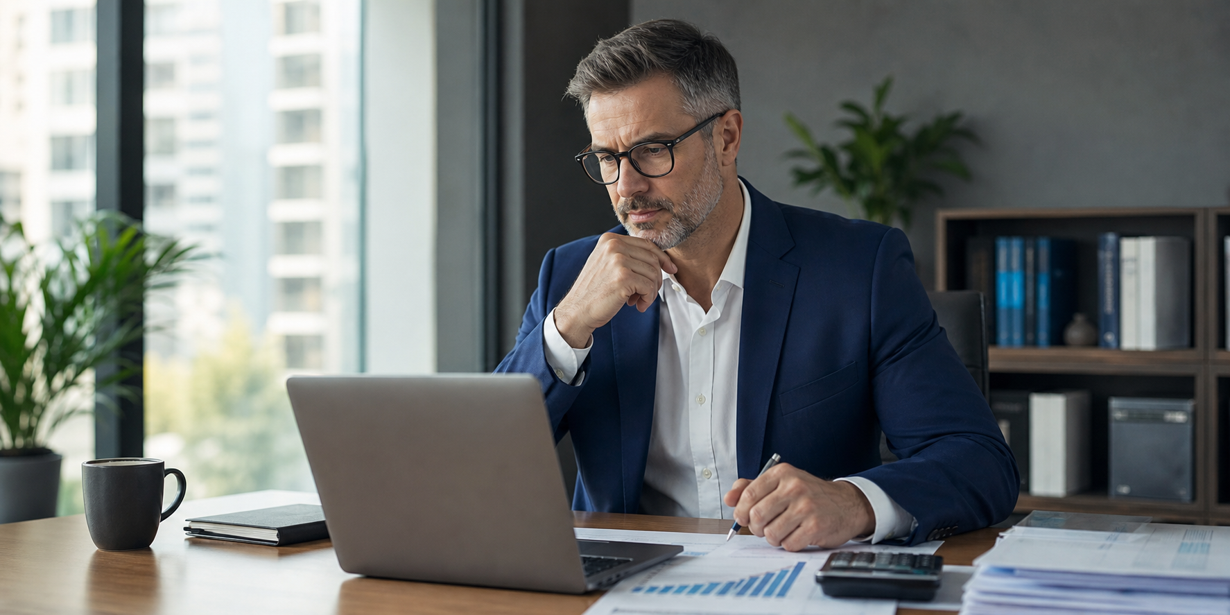 Hombre de negocios&nbsp;adulto invirtiendo en&nbsp;CETES, revisando información&nbsp;sobre instrumentos de&nbsp;inversión y rendimiento&nbsp;financiero.