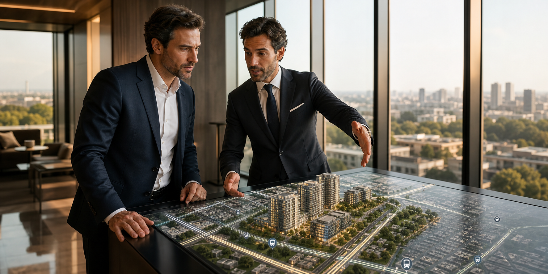 Businessman Reviews Exclusive HighRise Development with Real Estate Advisor