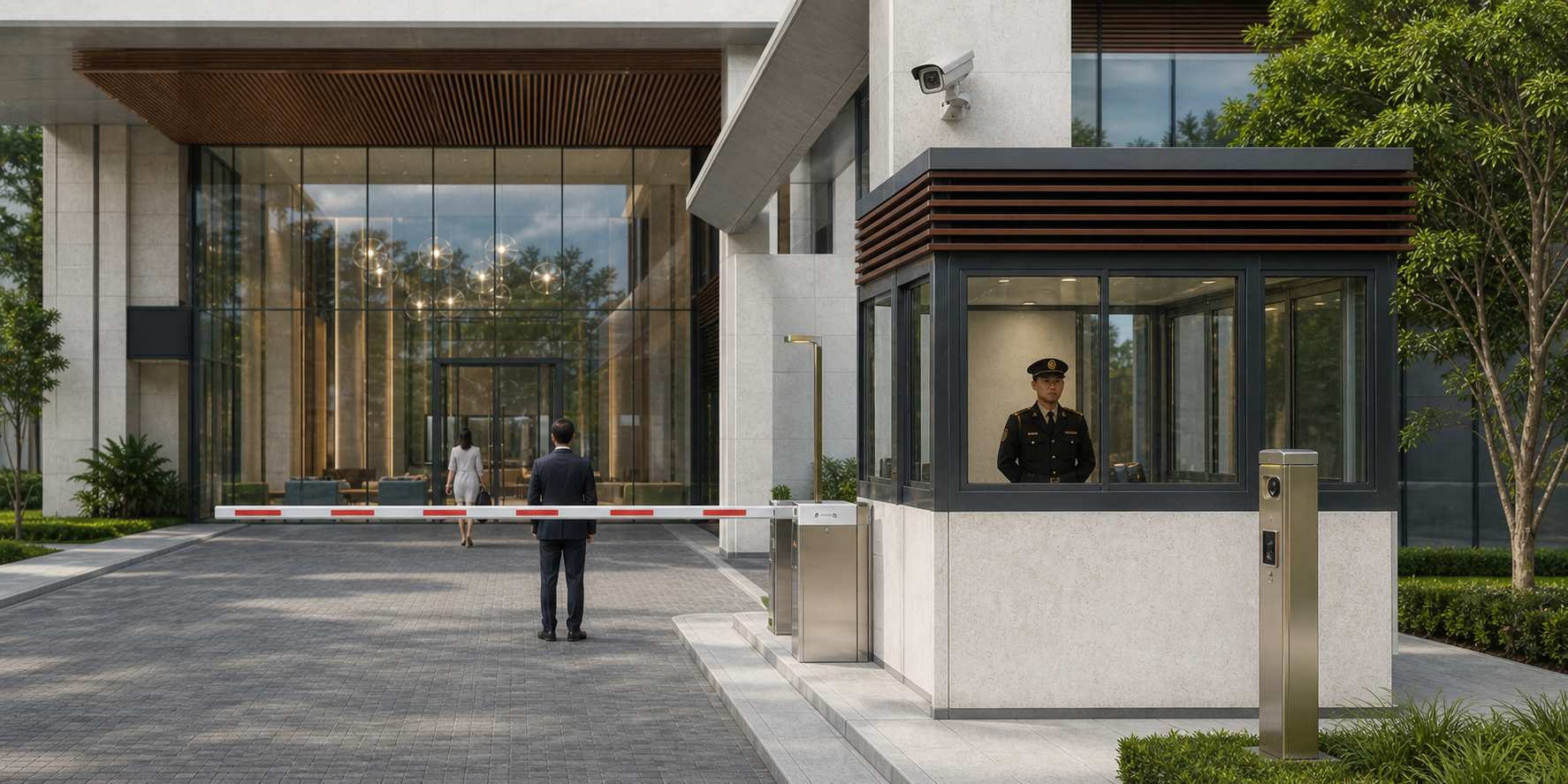 Entrada principal de un edificio exclusivo de departamentos con vigilancia 24/7.