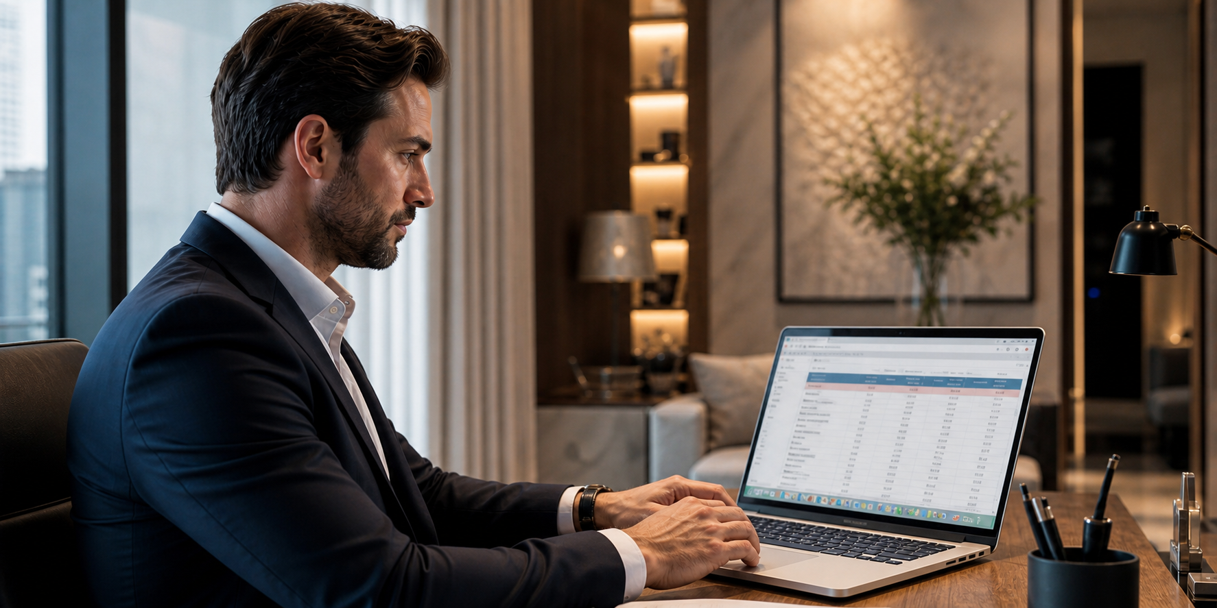 Hombre de negocios registrando cuidadosamente en una laptop una lista de gastos recurrentes y gastos potenciales del hogar.