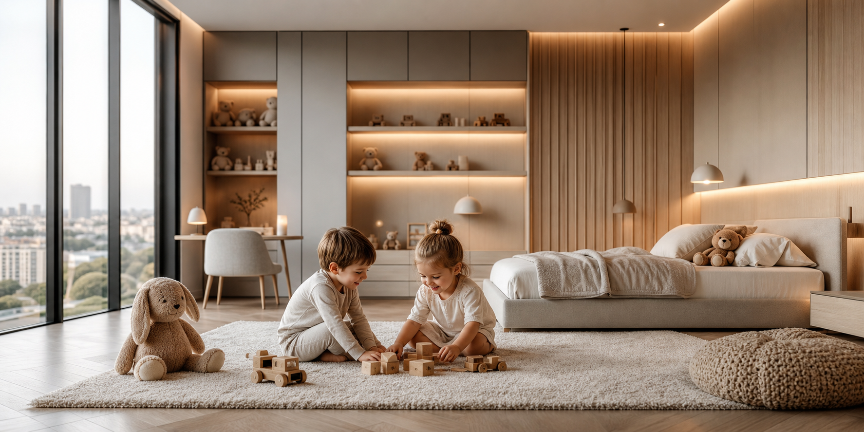 Contemporary Kids Room with Soft Lighting and Neutral Tones