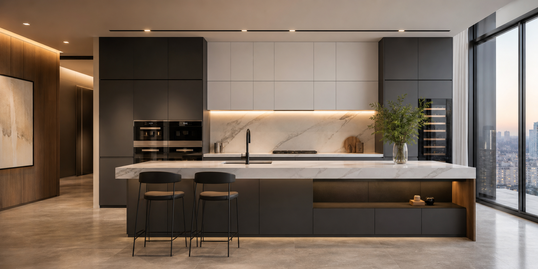 Contemporary Luxury Kitchen with Matte Finishes and Cinematic Lighting