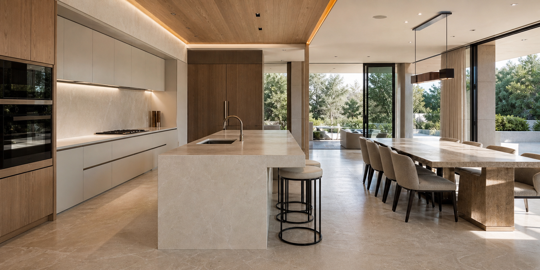 Cocina contemporánea de lujo con grandes superficies de piedra tecnológica de acabado elegante, isla central minimalista, muebles integrados en tonos neutros.