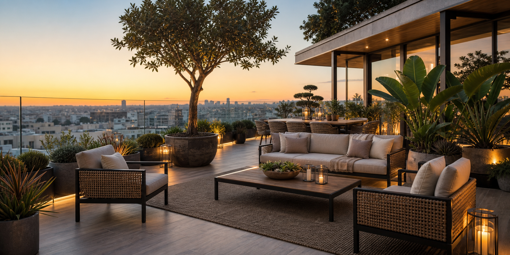 Terraza de un departamento exclusivo con muebles elaborados en ratán sintético de color arena, estructura de acero galvanizado negro mate.