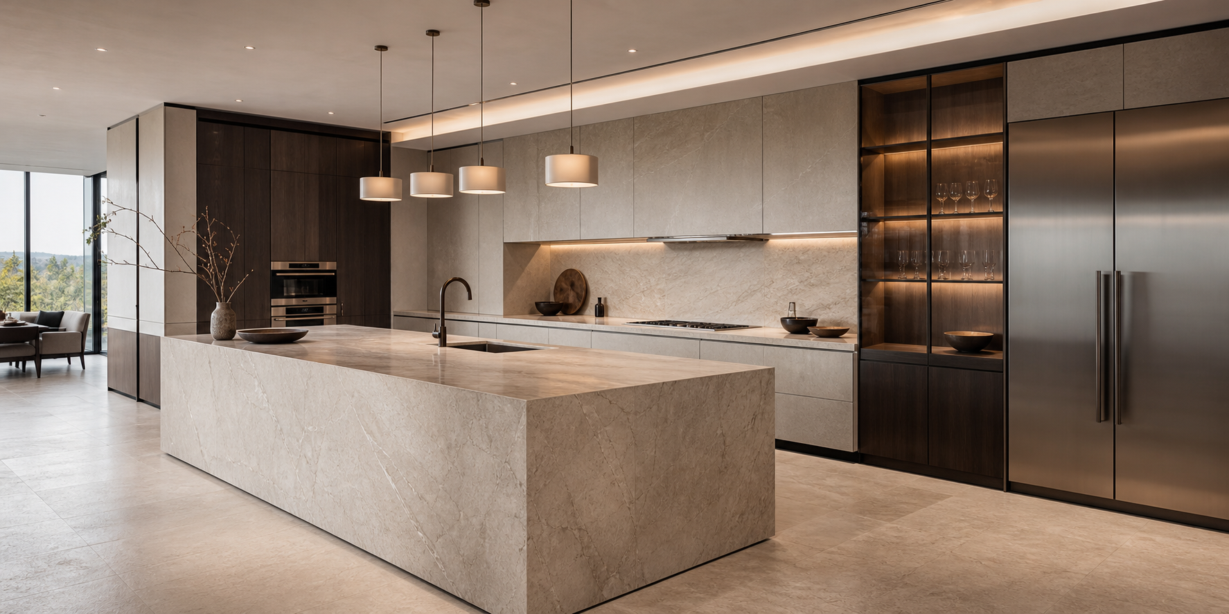 Cocina con una estética minimalista y atemporal, donde la piedra natural, el metal y el vidrio se integran en perfecta armonía.