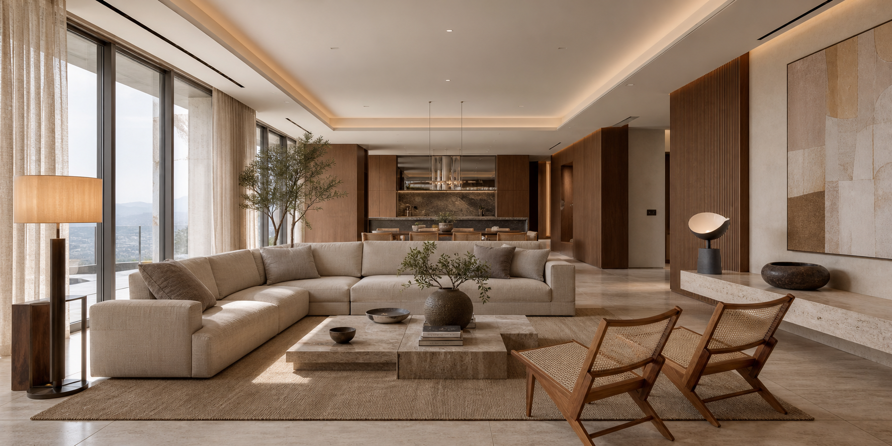 Departamento de lujo con una estética natural, donde la madera, la piedra natural y los tonos tierra crean una atmósfera atemporal.Contemporary Natural Luxury Living Room