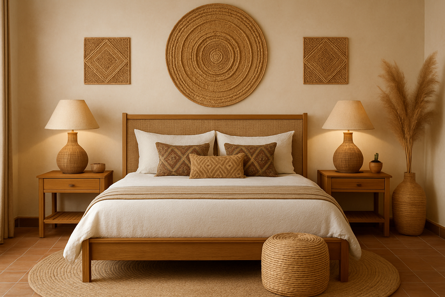 Decoracion artesanal mexicana de una recamara elegante con materiales naturales y procesos respetuosos con el medio ambiente