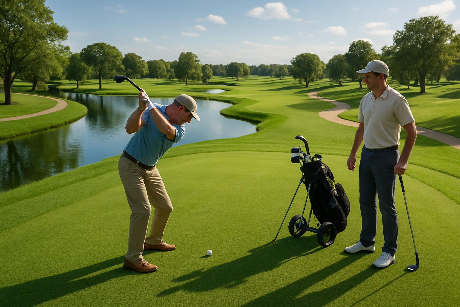 Dos hombres jugando en un campo de golf con reas verdes lagos y senderos