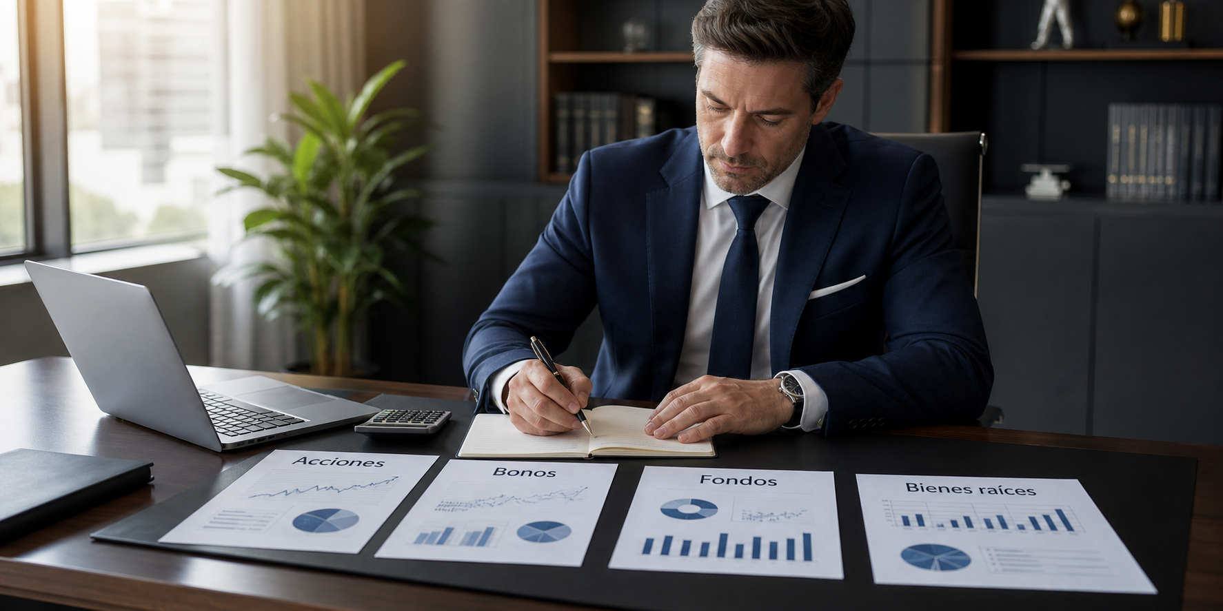 Un hombre de negocios elegante, de aproximadamente 40 años, sentado en un escritorio moderno revisando y comparando diferentes opciones de inversión impresas en varias hojas.