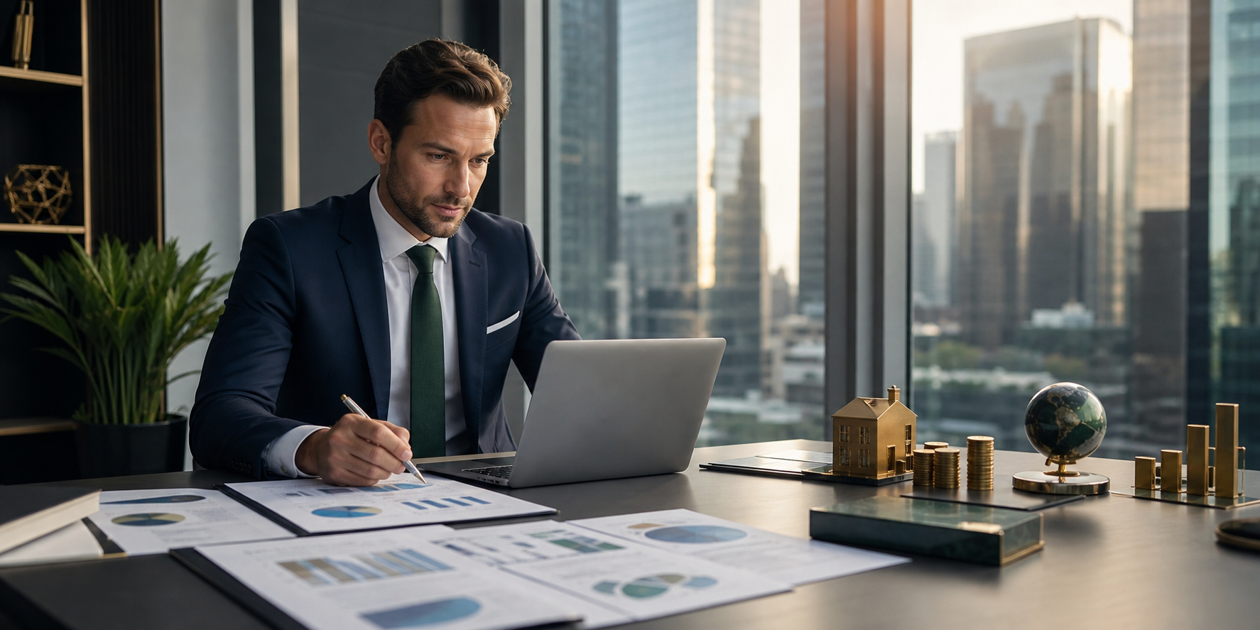 Un hombre de negocios elegante y profesional en una oficina moderna y sofisticada, analizando cómo diversificar sus inversiones.