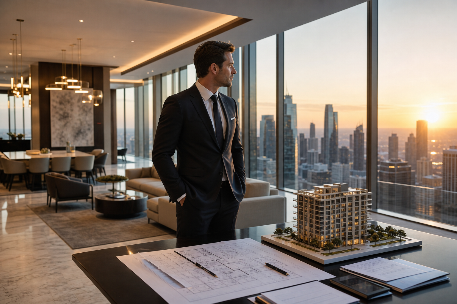 Un hombre de negocios elegante y profesional observando con interés un departamento de lujo como oportunidad de inversión.