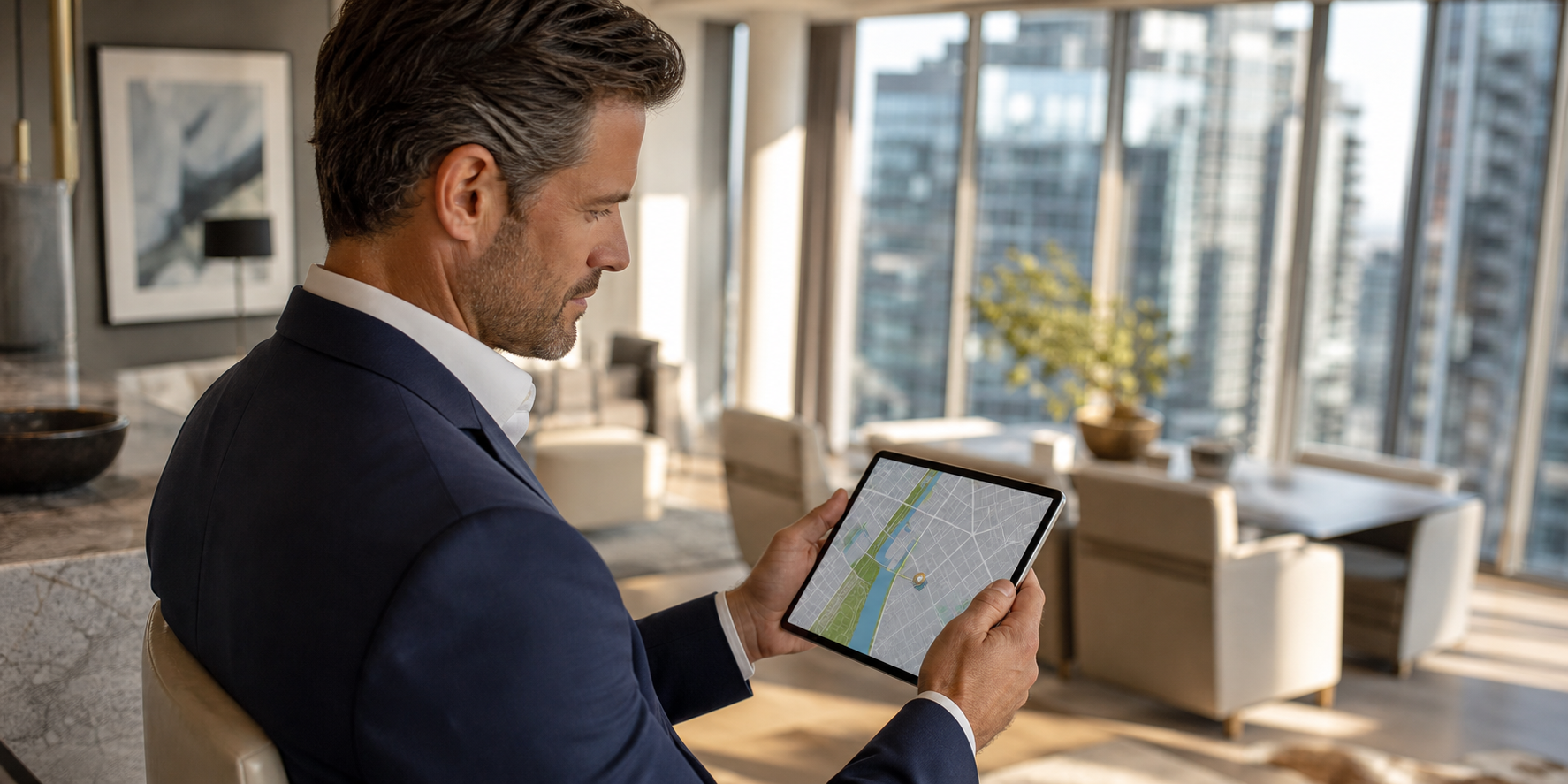 Hombre de negocios&nbsp;viendo la&nbsp;pantalla de un iPad&nbsp; donde se&nbsp;aprecia un mapa&nbsp;urbano con la&nbsp;ubicación de una&nbsp;propiedad residencial de&nbsp;lujo.