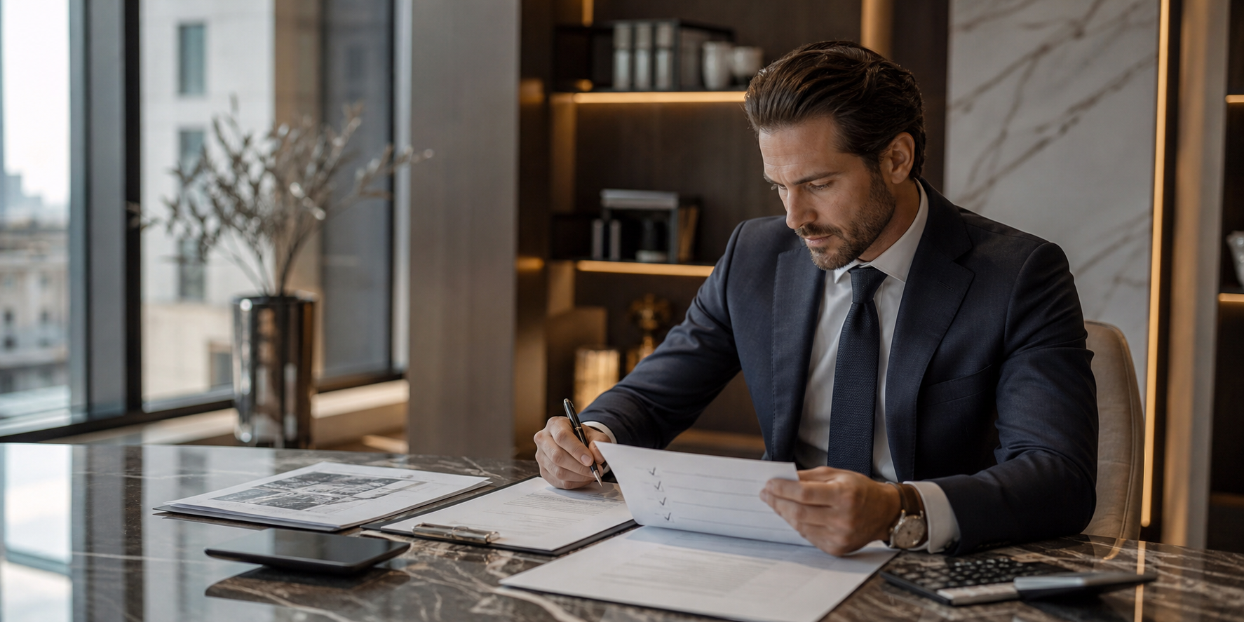 Un hombre de negocio revisando documentos inmobiliarios y una lista de verificación con varios puntos marcados.