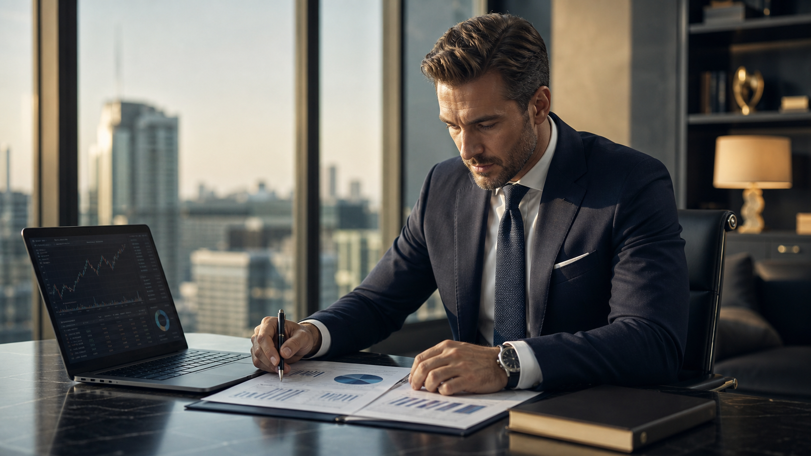 Un hombre de negocios elegante y profesional sentado en una oficina moderna y sofisticada, invirtiendo en fondos de inversión desde su computadora portátil.