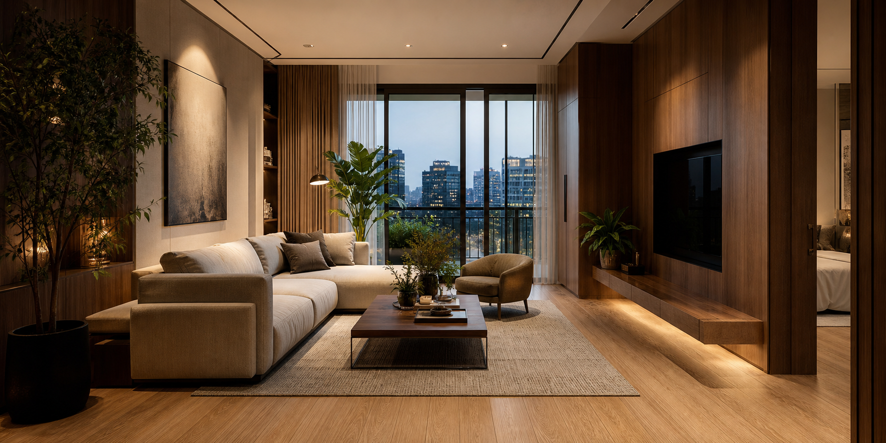 Elegant Luxury Apartment Interior with Warm Wooden Accents and Decorative Plants