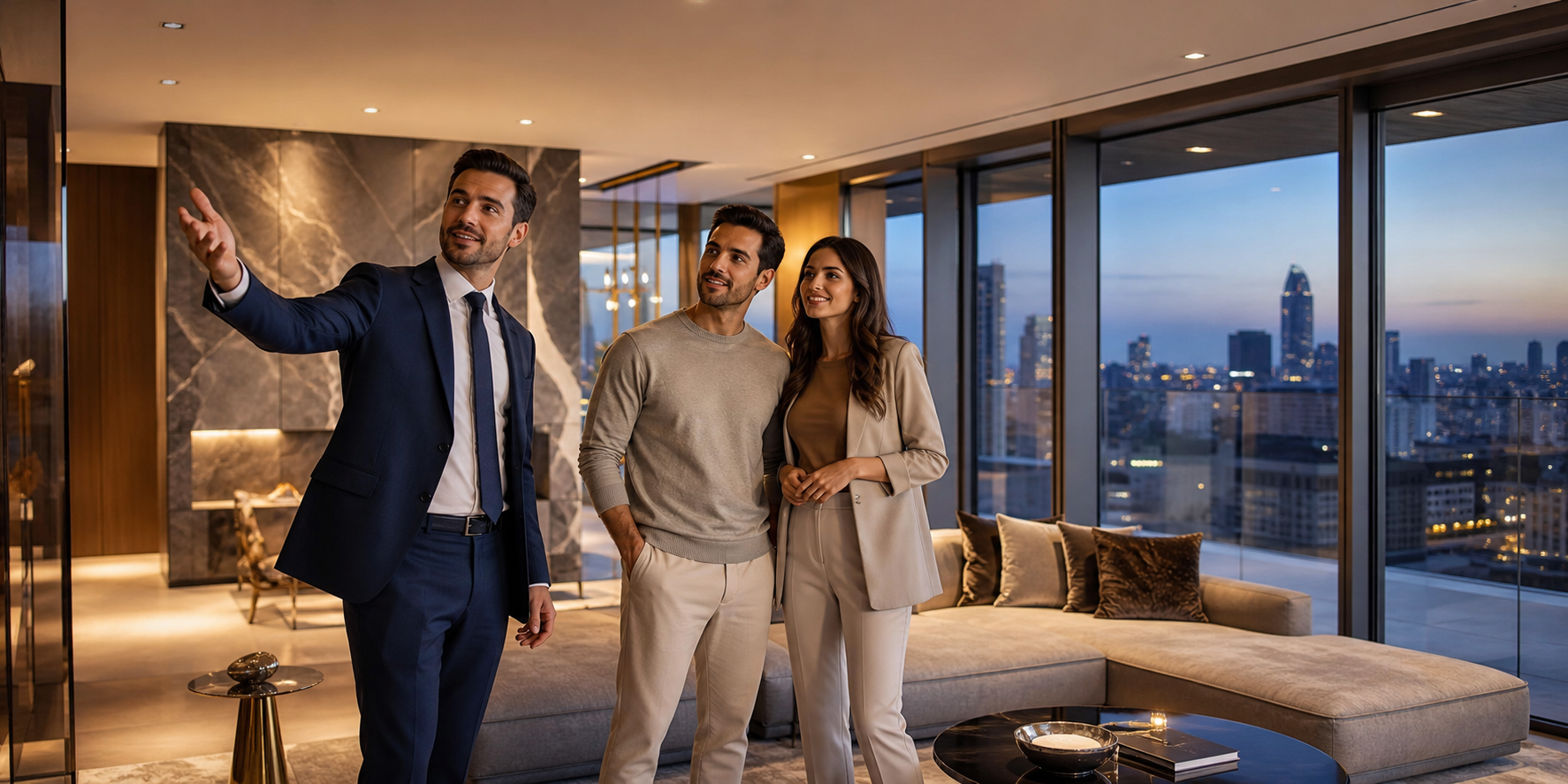 Pareja joven y elegante visitando un departamento residencial exclusivo de lujo, ambos observando el espacio con interés mientras consideran rentarlo. 