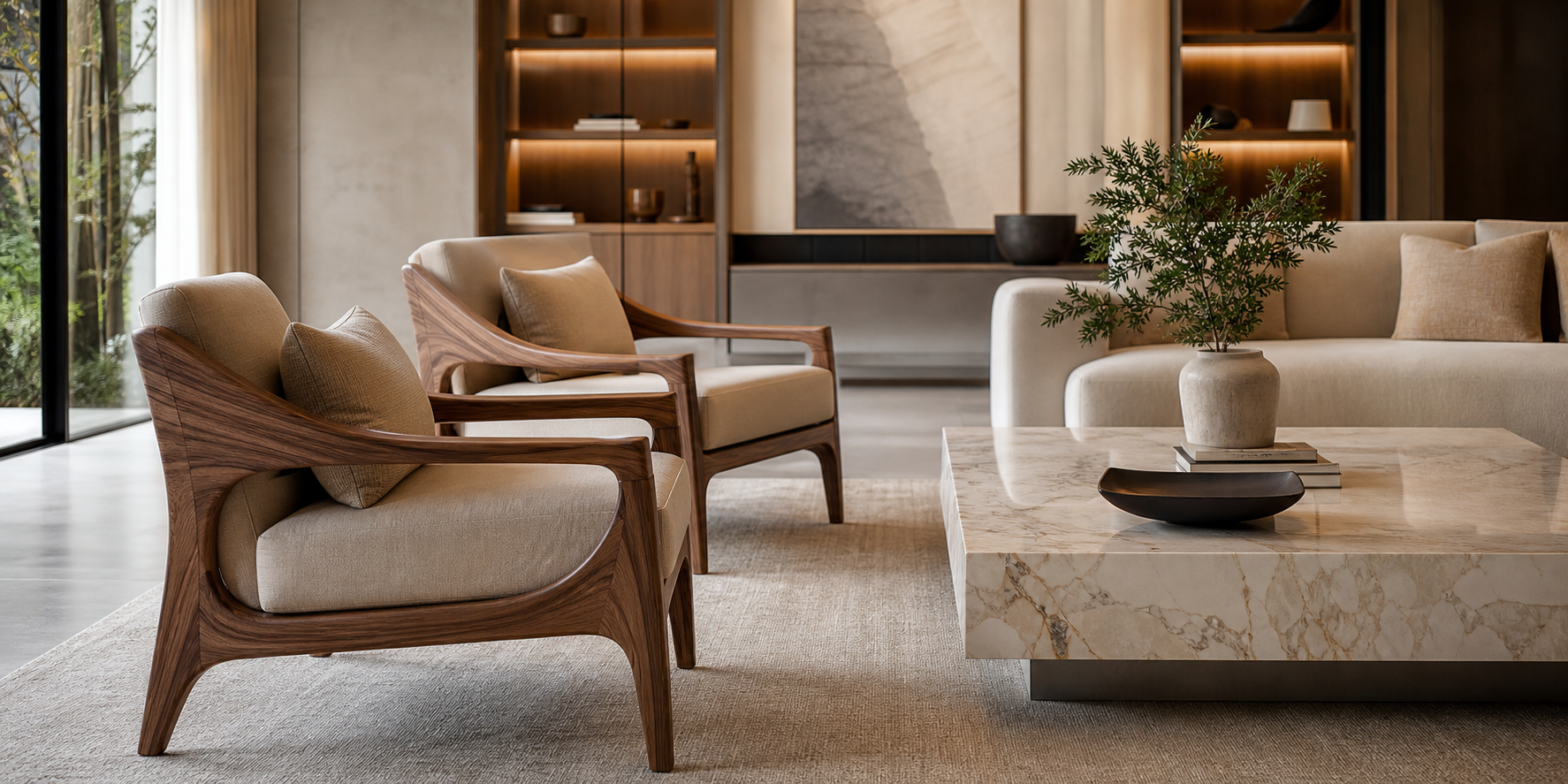 Sala elegante en un departamento exclusivo, con sillones de madera de nogal de alta calidad.