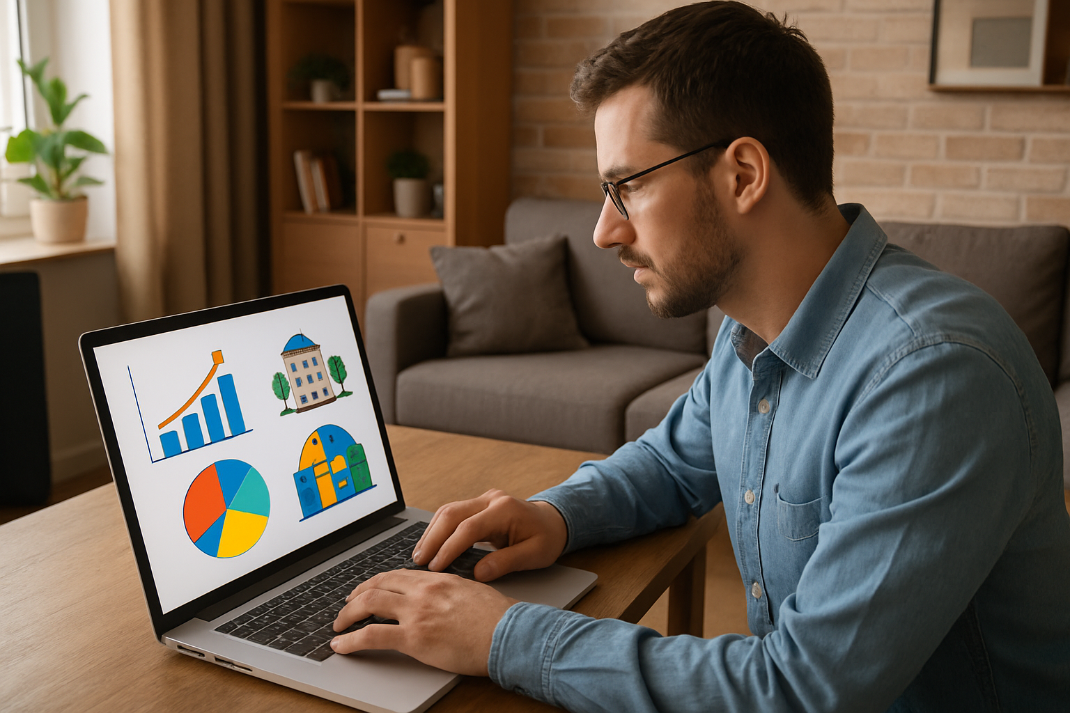 En un acogedor y moderno apartamento un hombre de ascendencia caucsica est sentada frente a su computadora porttil inmersa en un anlisis detallado En-1