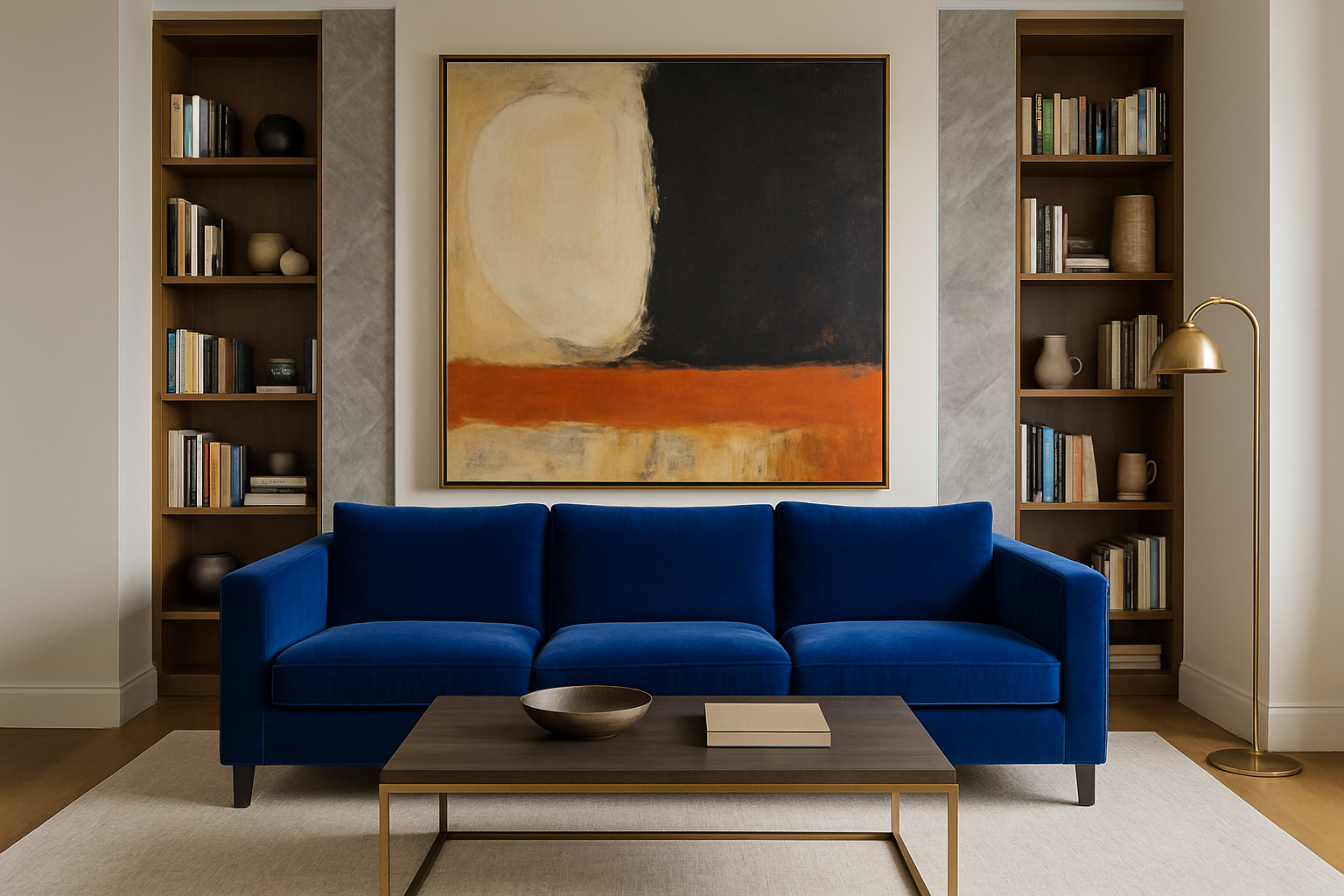 En un departamento exclusivo en la sala se encuentra Un mueble en un color atrevido con Arte grande s una pieza grande en vez de muchas pequeas y Text-1