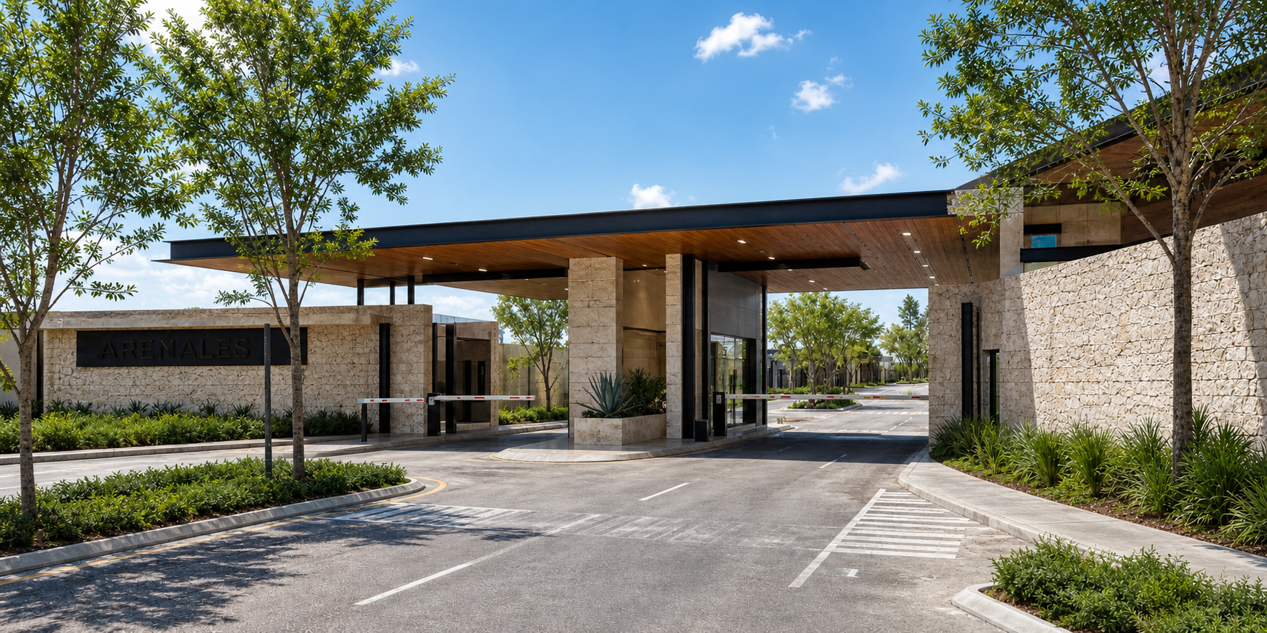 Entrada Residencial Contempornea con Fachada de Piedra y Vidrio-2