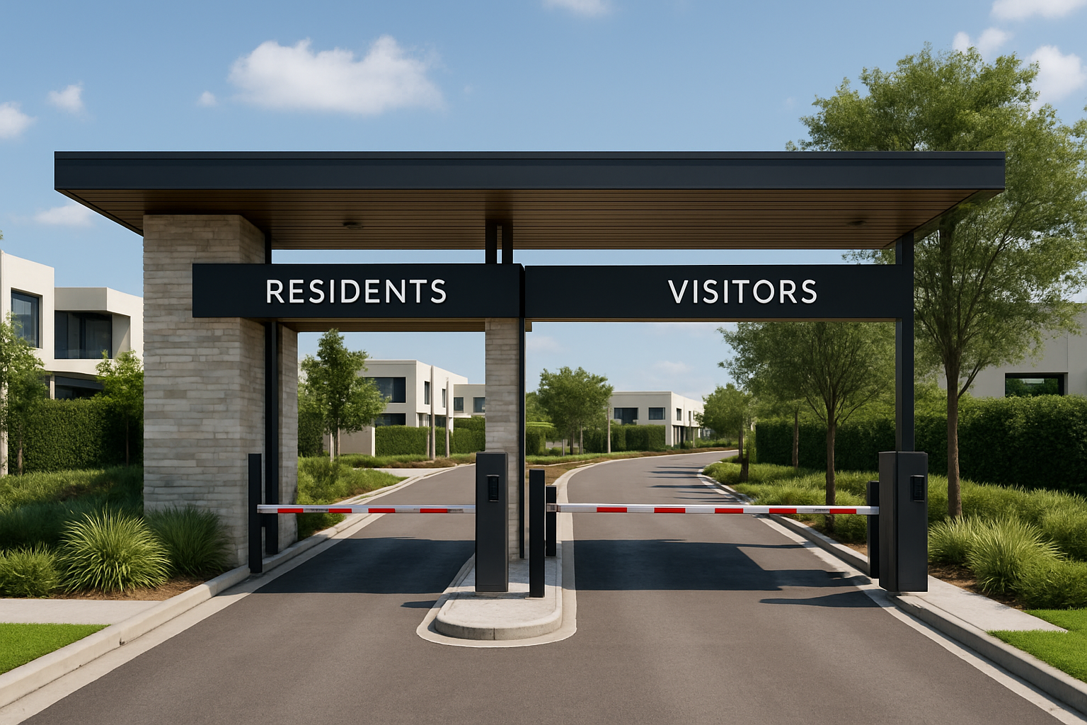 Entrada de un desarrollo inmobiliario con accesos controlados para residentes y visitantes