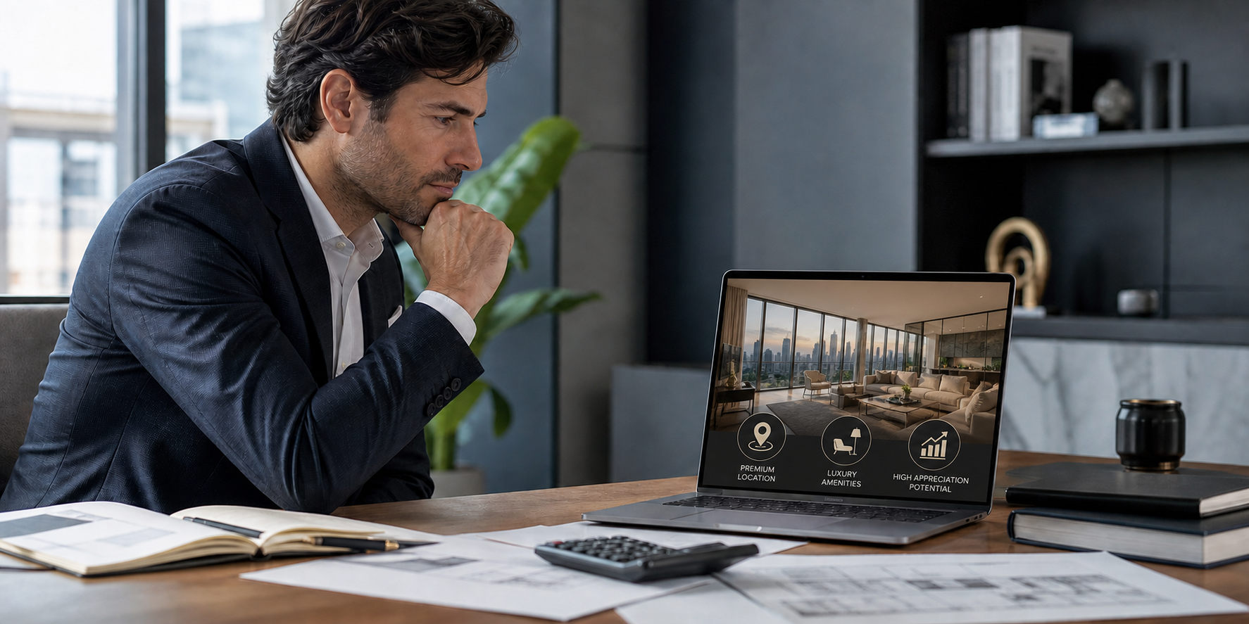 Hombre de negocios elegante sentado en una oficina moderna, analizando en una computadora portátil los riesgos de comprar un departamento de lujo.