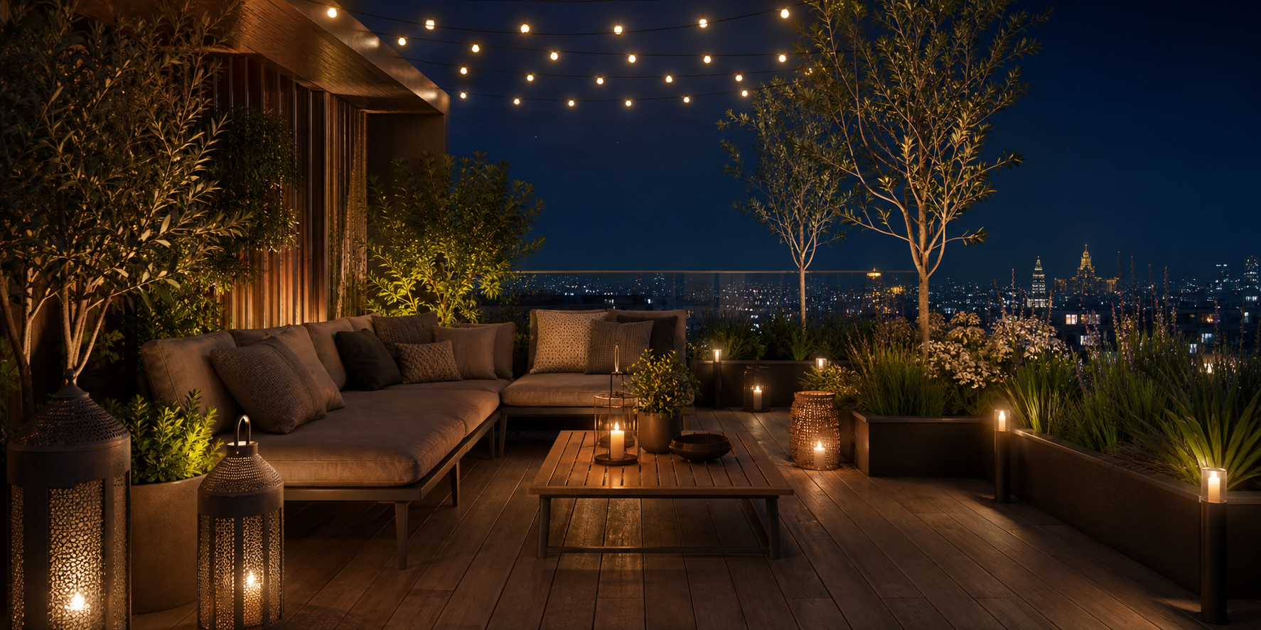 Terraza de un departamento exclusivo iluminada con diferentes elementos decorativos de luz exterior. El espacio cuenta con guirnaldas de luz LED.