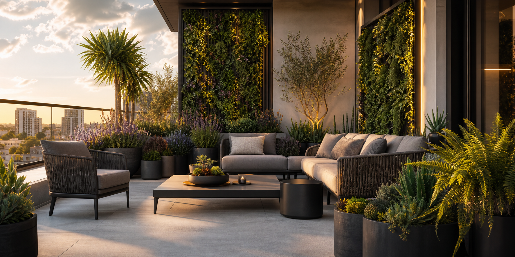 Terraza de un departamento exclusivo que cuenta con una selección de plantas como lavanda, romero, helechos y un jardín vertical.