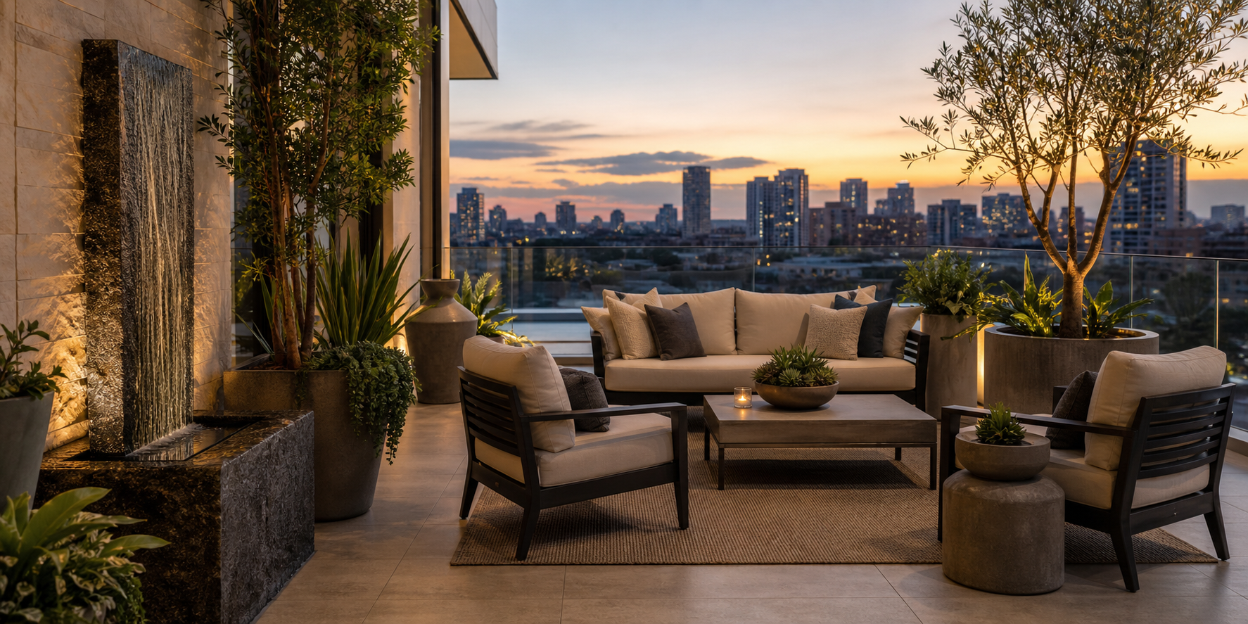 Terraza de un departamento exclusivo con una elegante fuente de agua y mobiliario que incluye sillones de exterior con abundantes cojines decorativos.