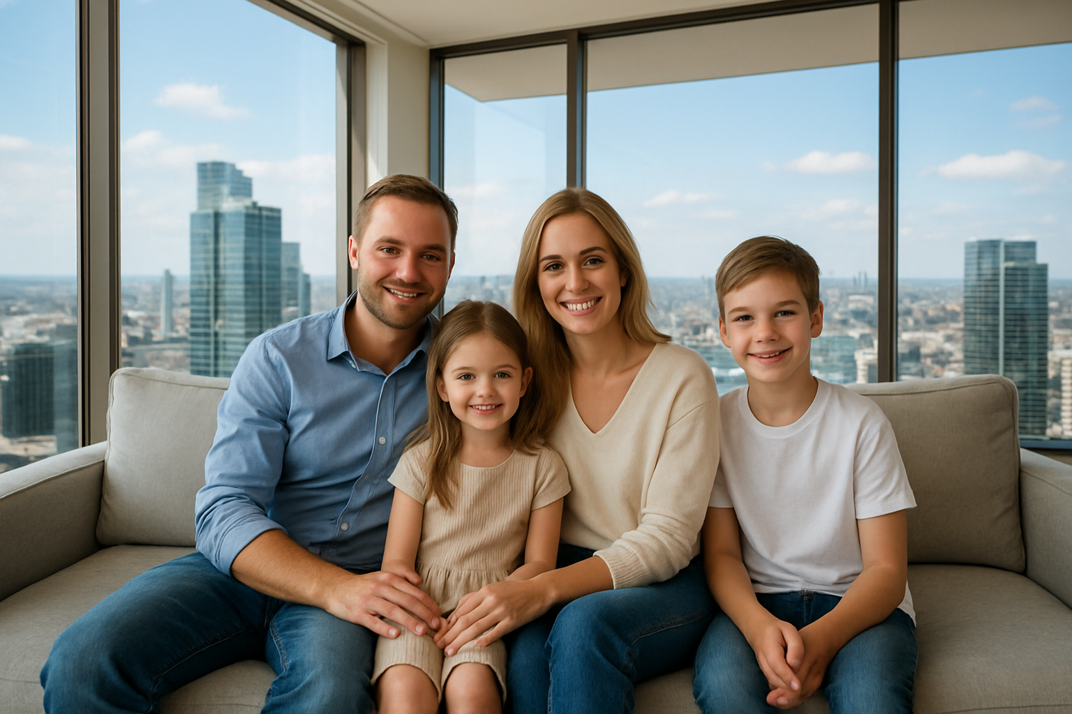 Familia caucsica sentada en el sof de su departamento de lujo en las alturas