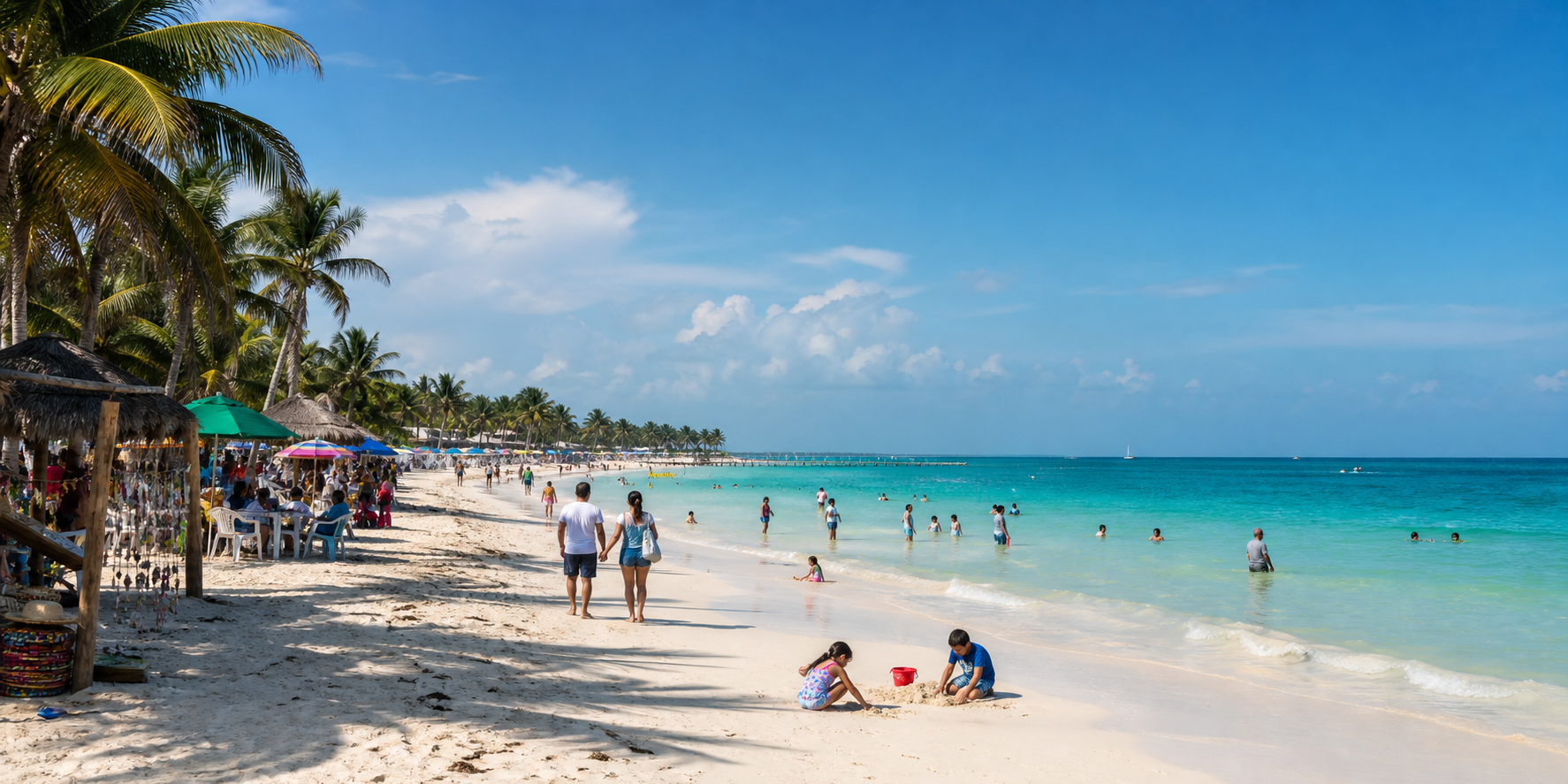 Familias en Playa de Chicxulub disfrutando del Sol y el Mar