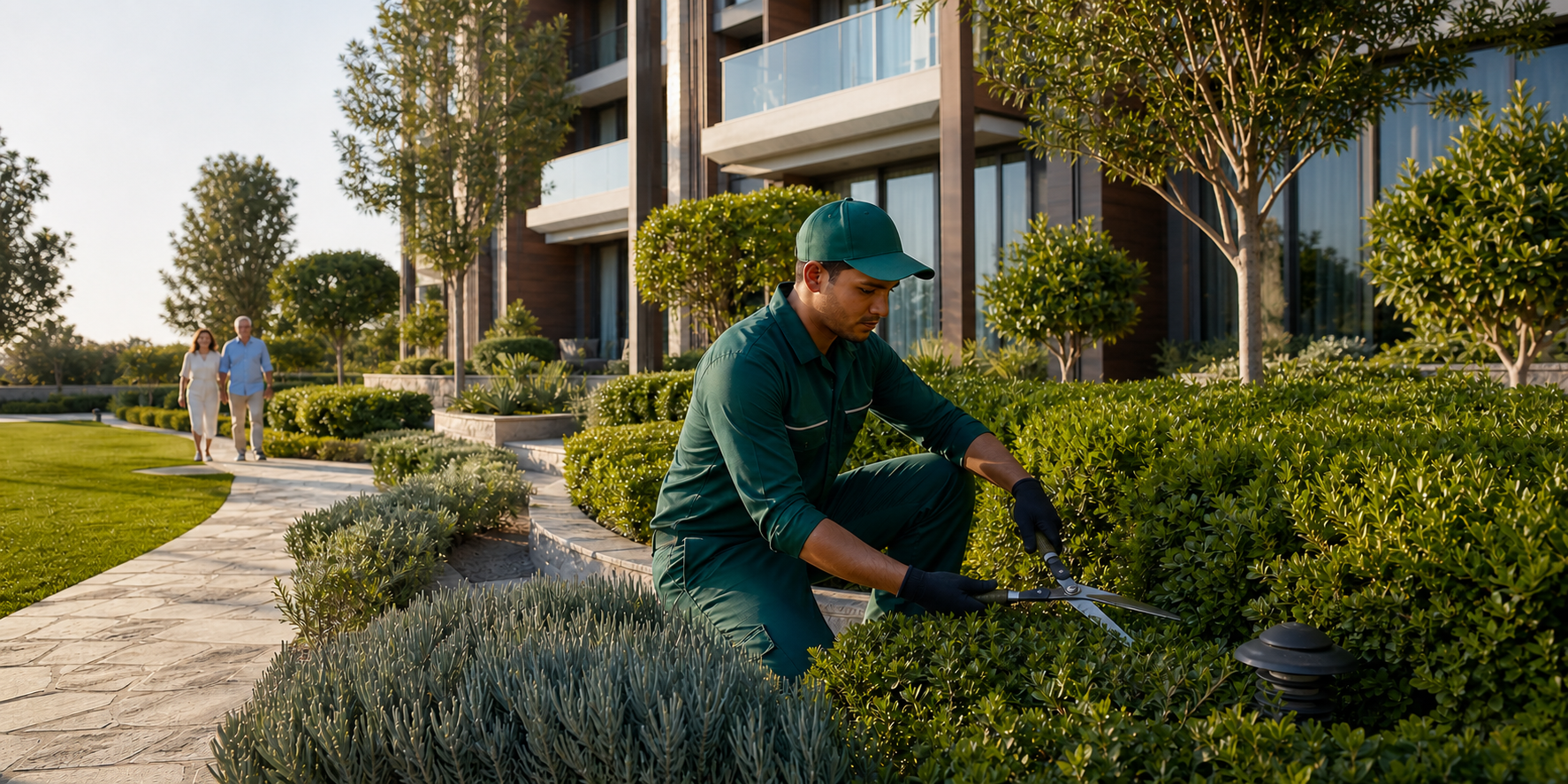 Trabajador de jardinería dando mantenimiento a las áreas verdes de un desarrollo exclusivo de departamentos.