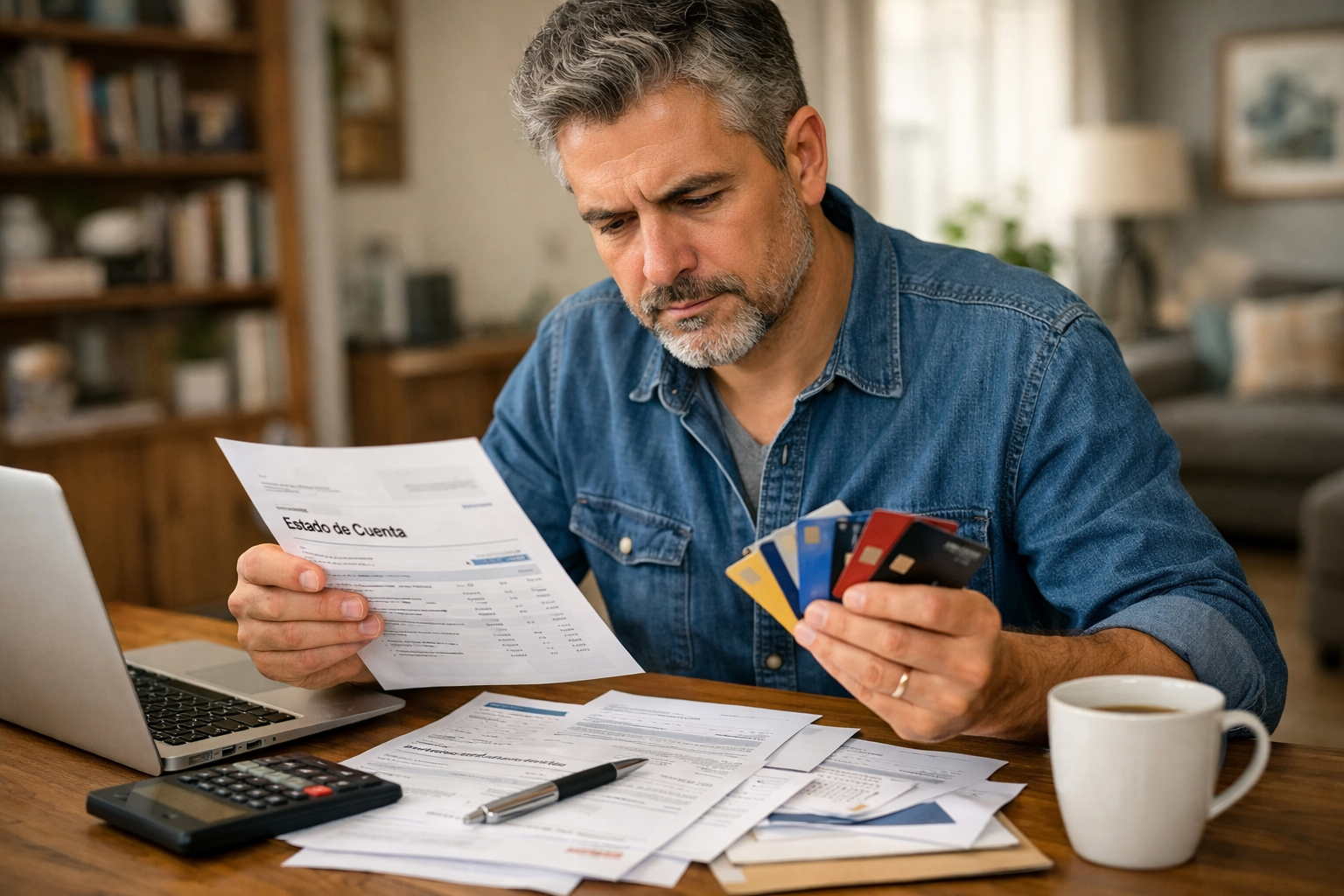 Hombre Revisando Documentos Tarjetas Credito-1