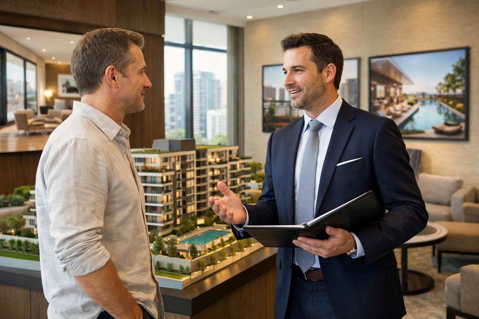 Hombre hablando con asesor inmobiliario para comprar un departamento exclusivo