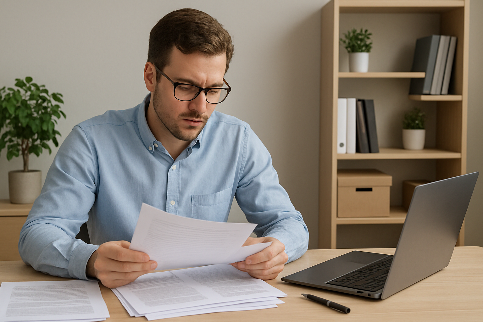 Hombre caucasico en escritorio revisando documentos-1