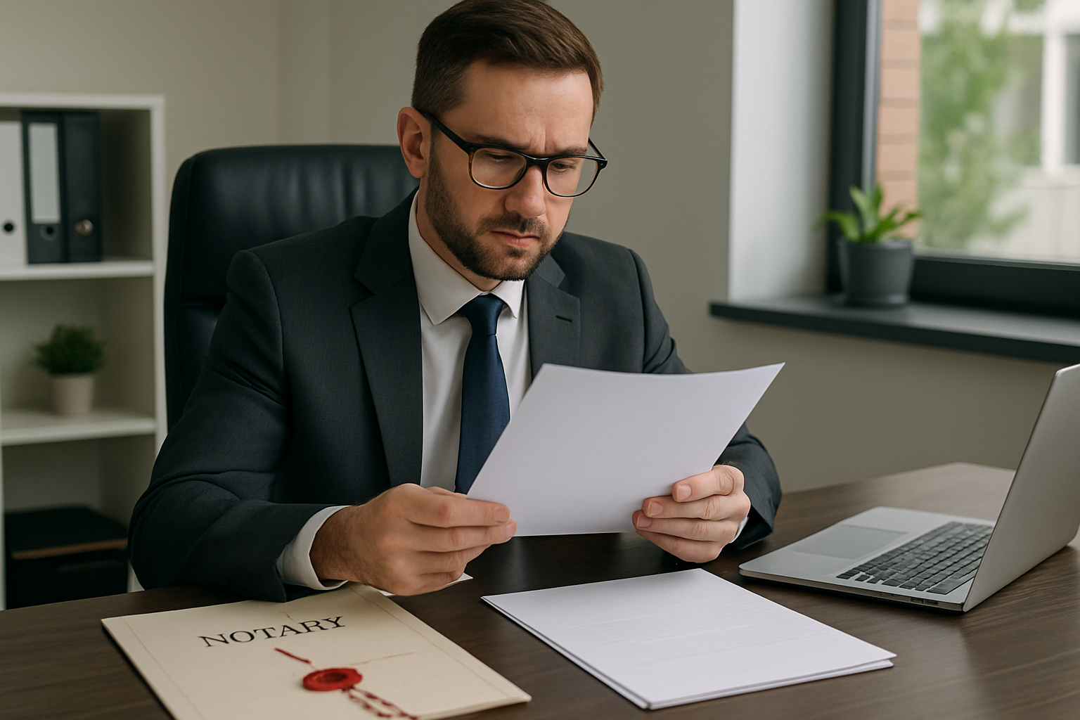 Hombre caucsico en un escritorio de su oficina revisando la legalidad de los documentos del notario solo se ven los papeles no el texto