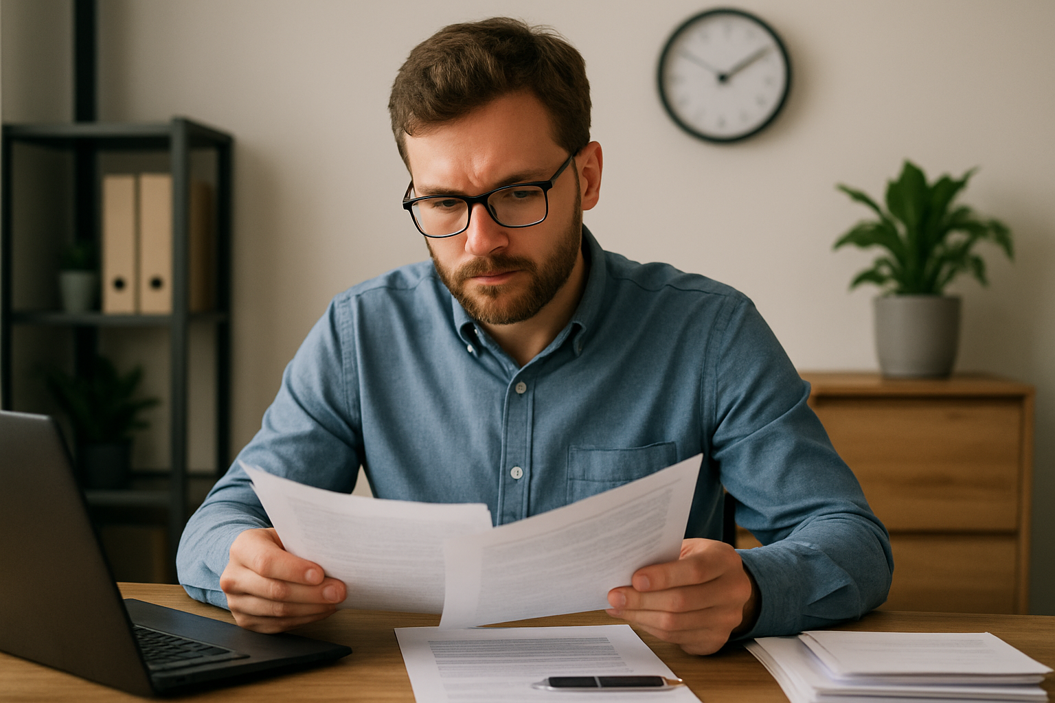 Hombre caucsico en un escritorio revisando documentos