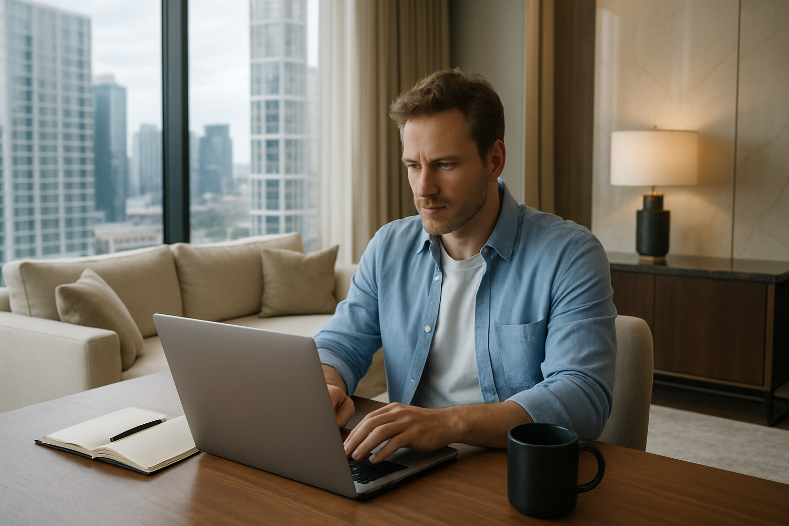 Hombre caucsico haciendo home office en su departamento de lujo