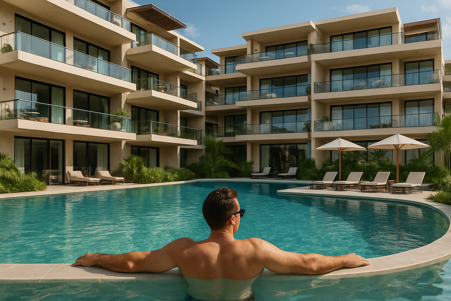 Hombre relajando en la alberca de un desarrollo exclusivo de departamentos-1