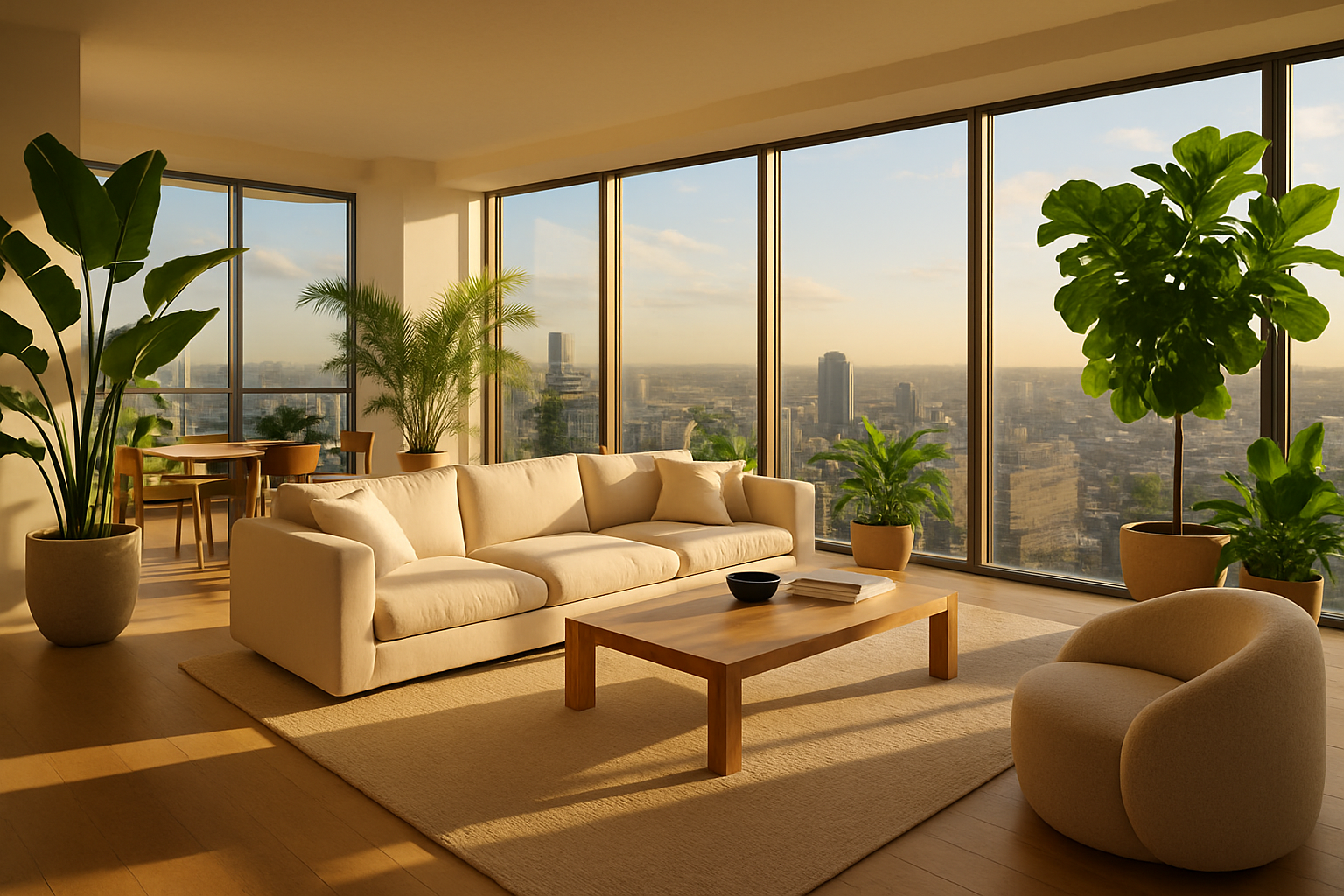 Imagen de un departamento de lujo en las alturas con grandes ventanales donde se ve que entran los rayos del sol y las plantas se vean mejor-1