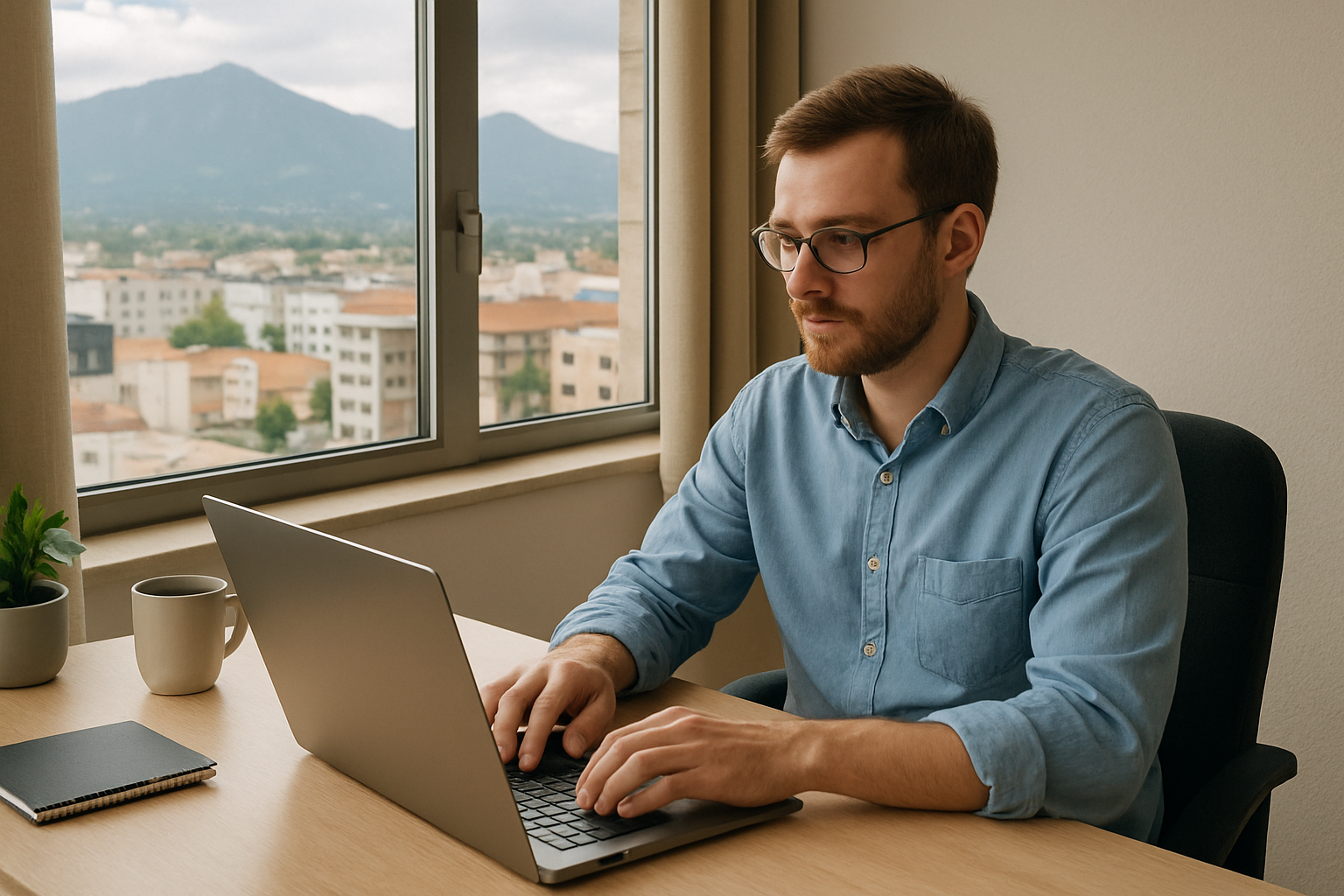 Imagen de un hombre caucsico haciendo home office con una laptop y sentado en un escritorio se puede ver una ventana y las calles y edificios a lo lej-1